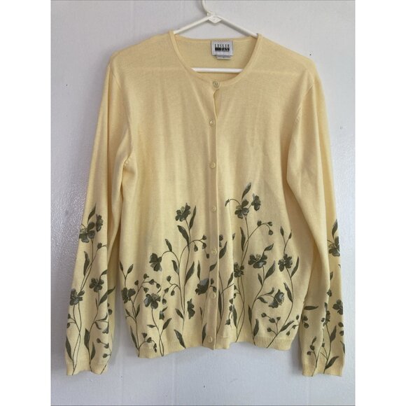 Leslie Fay Floral Cardigan Sweater Granny Cottagecore 80s Yellow Hong Kong Sz L - Picture 1 of 9